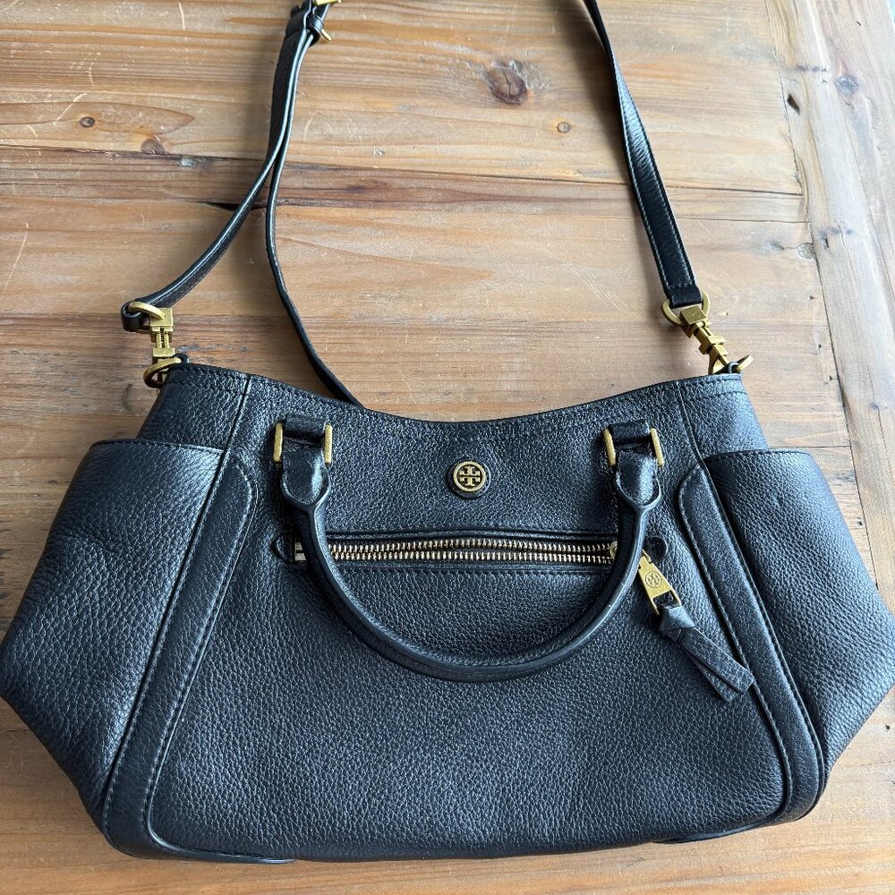 Tory Burch Black Pebbled Leather Satchel | Gold Hardware | Top Handle + Shoulder